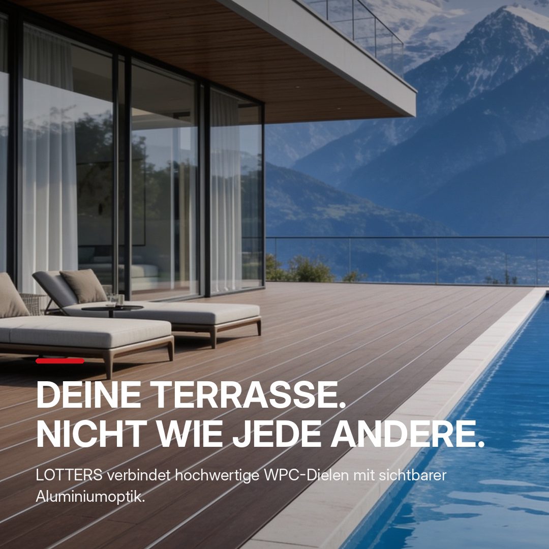 LOTTERS PROF Stone Moderne Terrasse mit Liegen und Blick auf die Berge und einen Pool.
