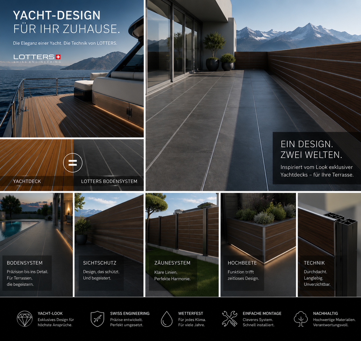 LOTTERS PROF WPC Eine elegante Terrasse im Yacht-Design mit modernen Materialien und Bergblick.