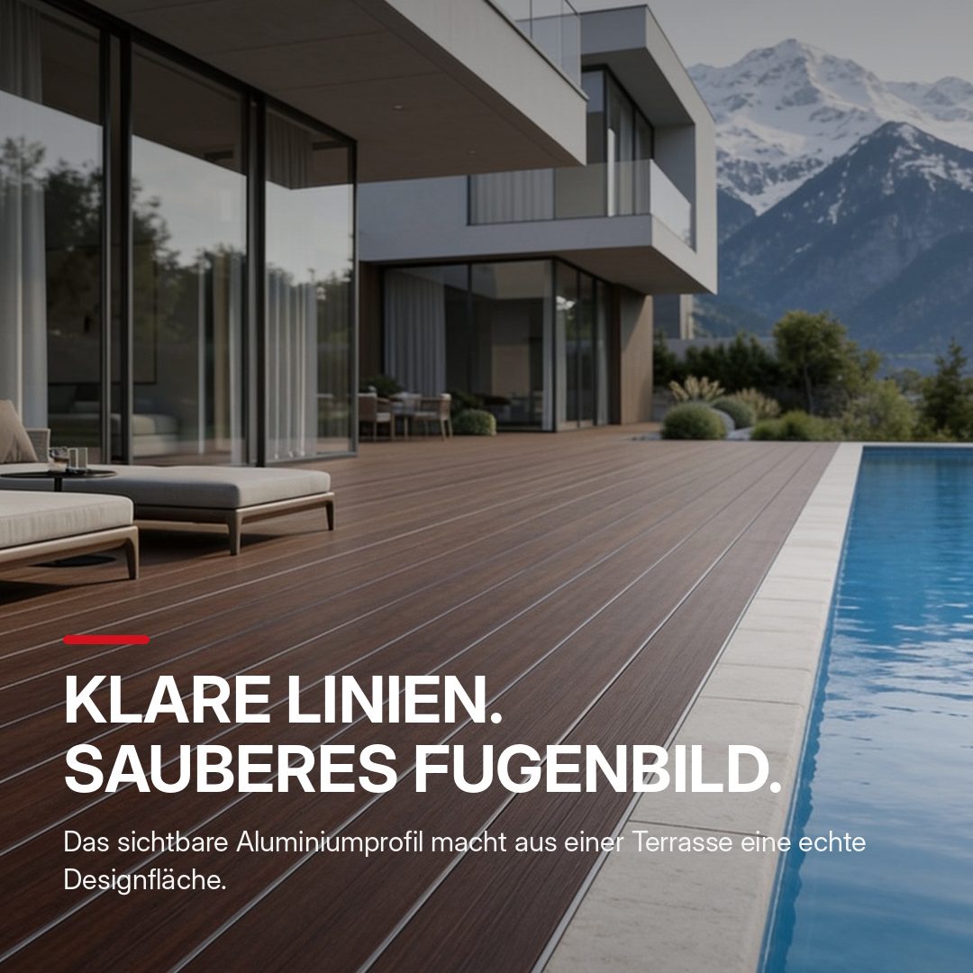 LOTTERS Modernes Haus mit WPC-Terrasse und Pool in bergiger Landschaft. Klare Linien, elegantes Design.