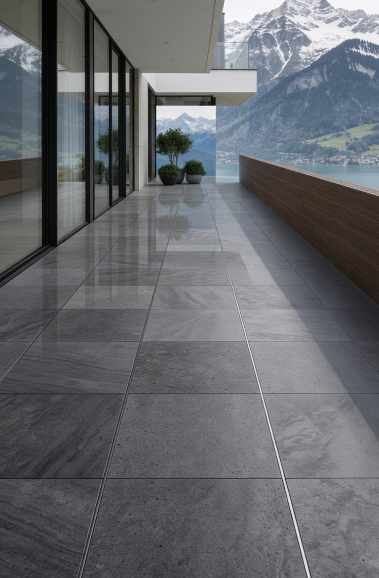 Hochwertige Terrasse mit sichtbaren Aluminiumprofilen Moderne Terrasse mit dunklen Fliesen, Blick auf Berge und Wasser im Hintergrund.