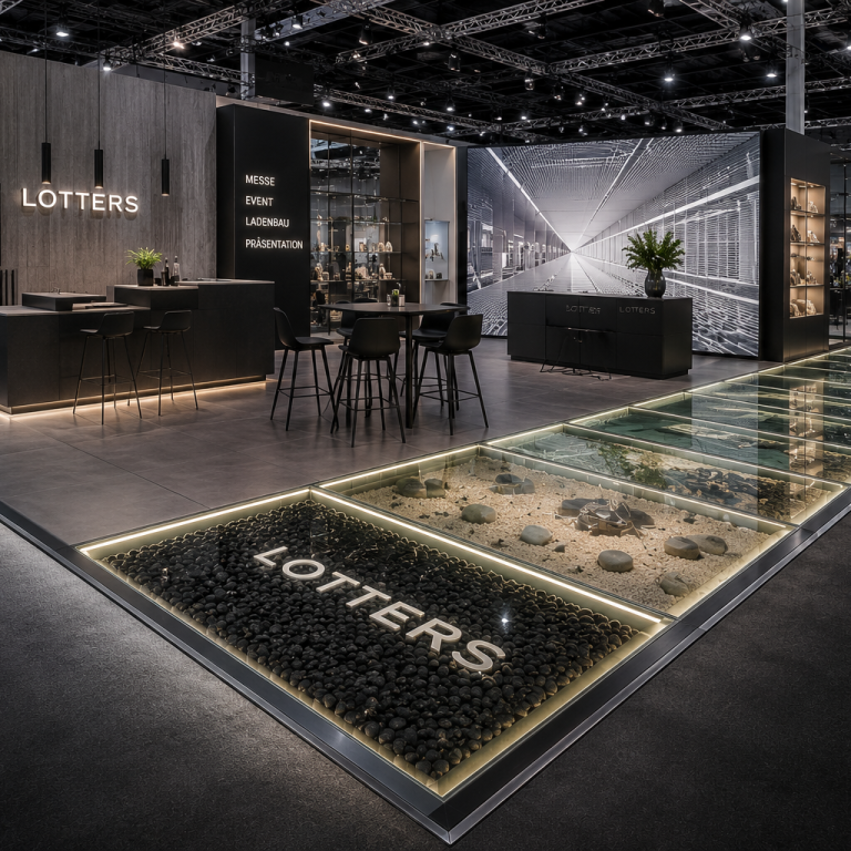 LOTTERS-Bodensystems Messe Schicke Autoausstellung mit modernem Design und stilvollen Bodenfliesen.